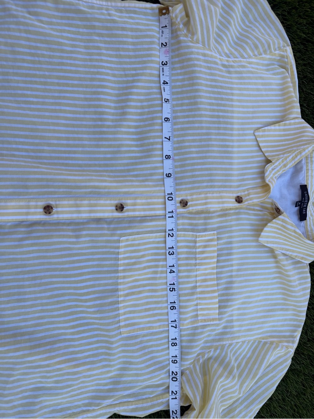Lafayette 148 New York Short Sleeve Yellow Stripe Button-Down Shirt - Picture 6 of 8